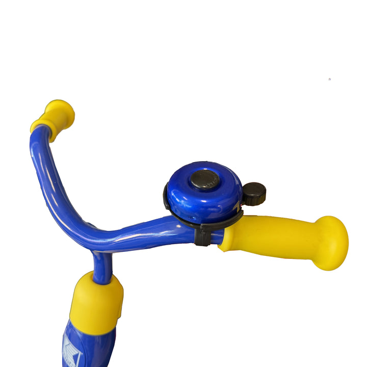 Blue and yellow balance bike handlebar on a white background

