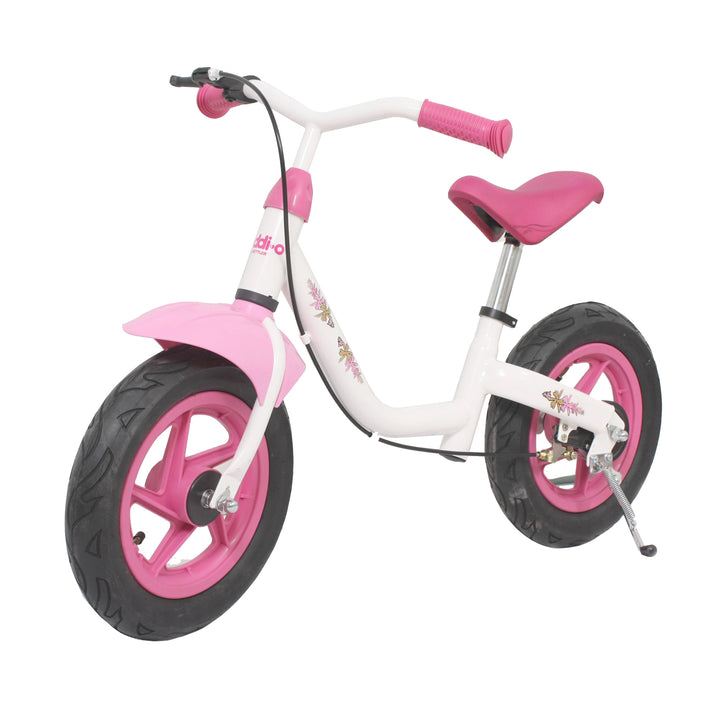 Layana Balance Bike in white and pink with adjustable seat, hand brake, and air tires for children ages 2 to 6 years.