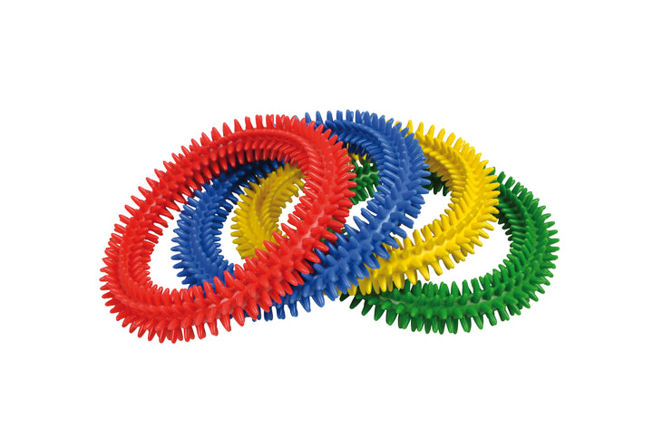 Gymnic Aku Rings Set Of 4 spiky sensory rings in red, blue, yellow, and green for play, massage, and water use.