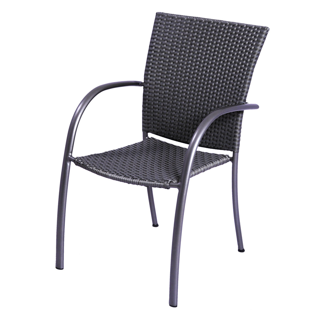 Pilano Woven 5-Piece Wrought Iron Dining Set silver grey woven chair with iron grey aluminum frame.