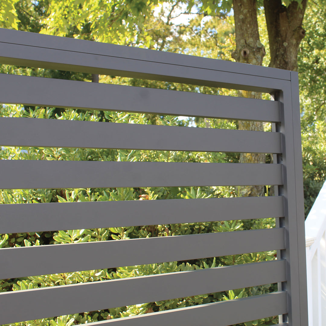 Aluminum Patio Room Dividers showing durable powder-coated aluminum slats for outdoor privacy and weather resistance.