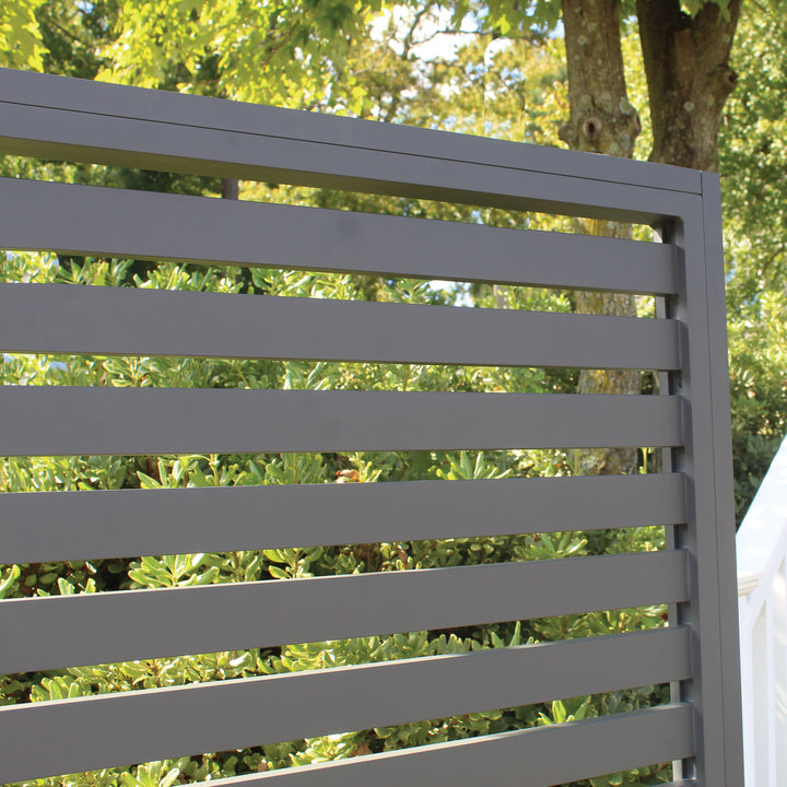 Aluminum Patio Room Dividers showing durable powder-coated aluminum slats for outdoor privacy and weather resistance.
