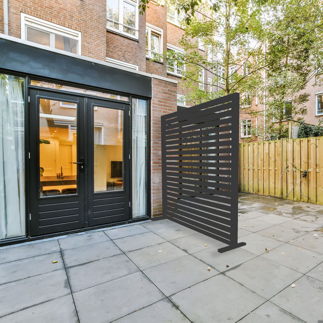 Aluminum Patio Room Dividers in black powder-coated aluminum providing privacy for outdoor spaces.