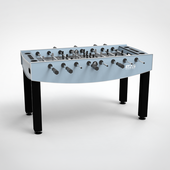 STAG Atmos Outdoor Foosball Table in light blue with black legs and rows of foosball players