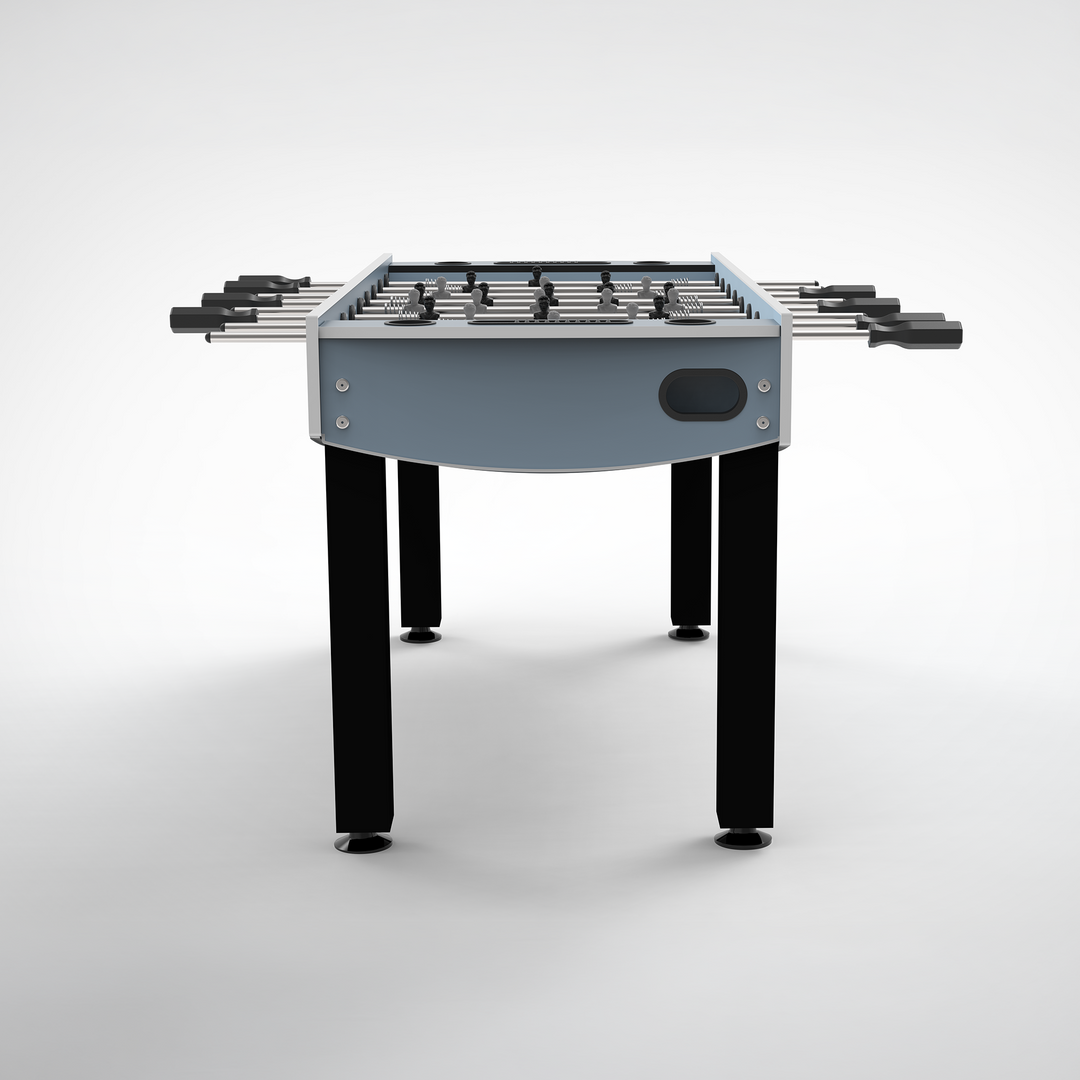 STAG Atmos Outdoor Foosball Table with gray cabinet black legs and rows of foosball players on a white background