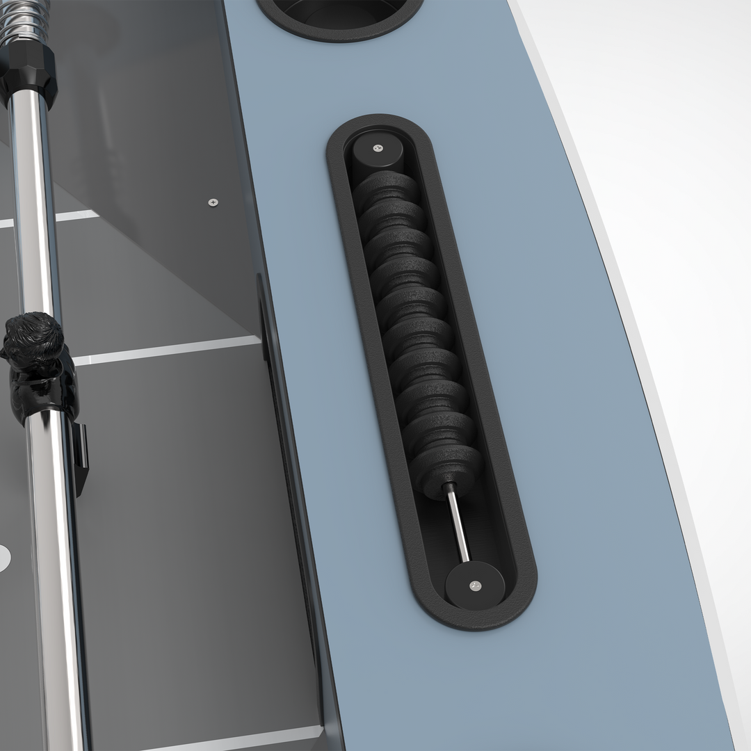 STAG Atmos Outdoor Foosball Table close up of blue side panel with black ribbed scoring mechanism and foosball rod