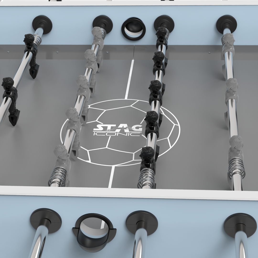 STAG Atmos Outdoor Foosball Table close up showing chrome rods player figures and soccer field markings