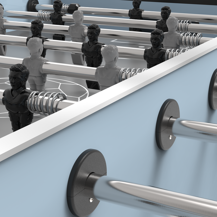 STAG Atmos Outdoor Foosball Table with black and white players and stainless steel rods shown in close detail