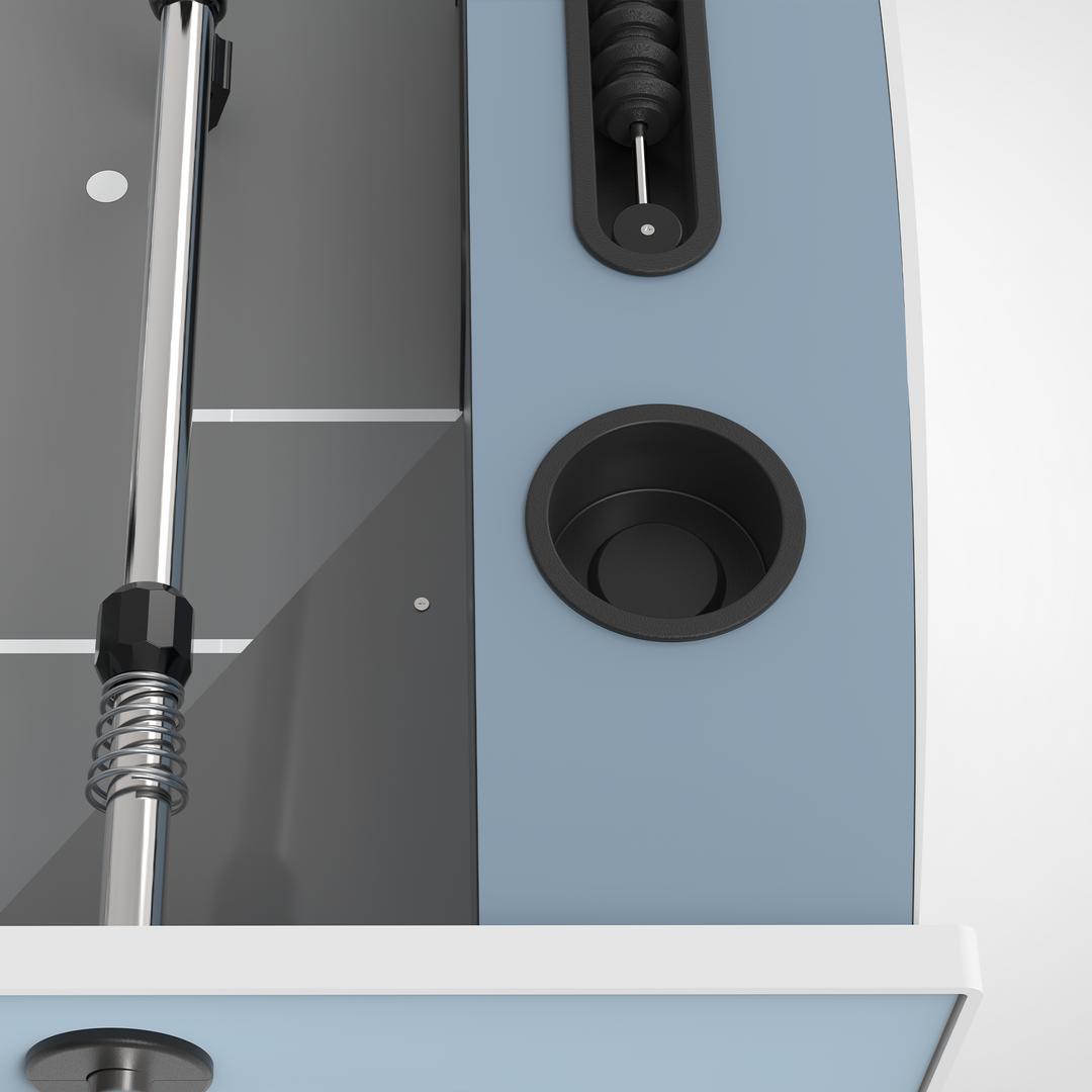 STAG Atmos Outdoor Foosball Table close up showing a foosball rod and built in cup holder