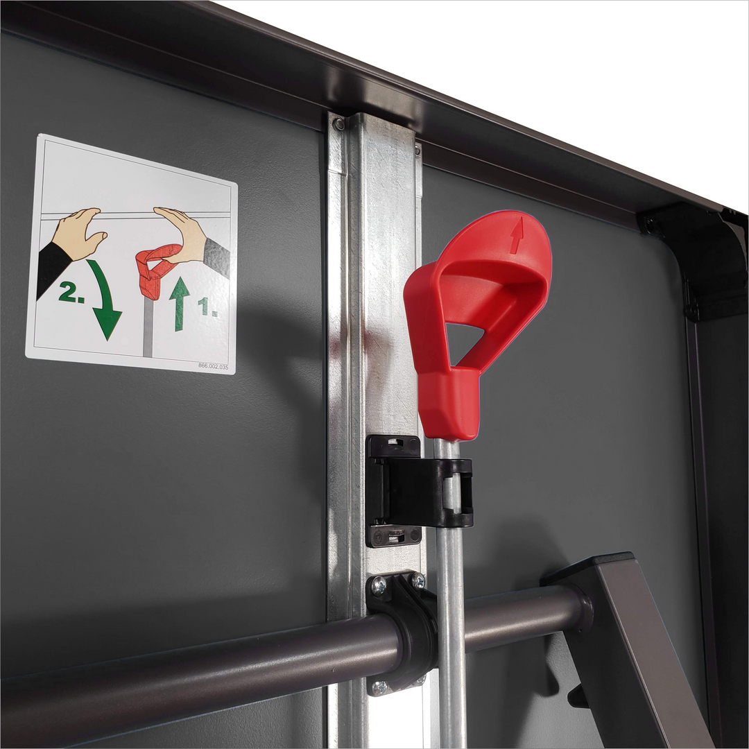 Close-up of the One-Hand locking mechanism on the Berlin Pro Indoor Table Tennis Table for secure storage.