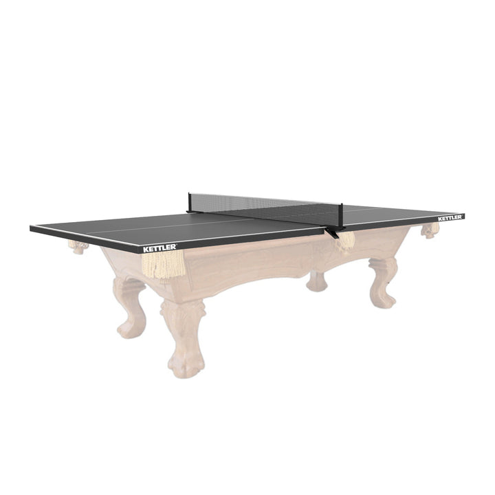 KETTLER Indoor Conversion Top on billiard table with net, black playfield, and white lines for table tennis play.