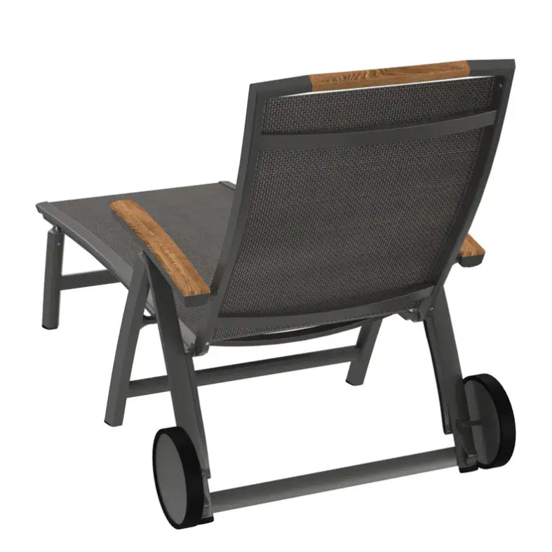 Catena Wheeled Folding Lounge Chair with aluminum frame, grey Textilux fabric, teakwood armrest inserts, and adjustable backrest.