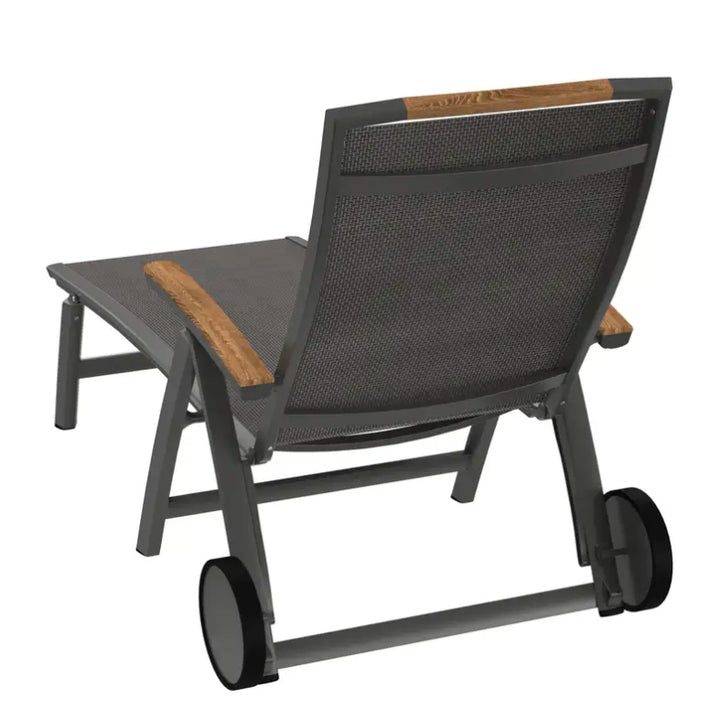 Catena Wheeled Folding Lounge Chair with aluminum frame, grey Textilux fabric, teakwood armrest inserts, and adjustable backrest.
