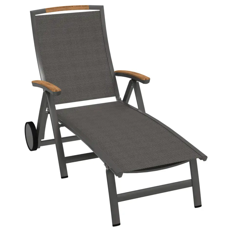 Catena Wheeled Folding Lounge Chair with grey Textilux sling, aluminum frame, teakwood armrests, and adjustable backrest.