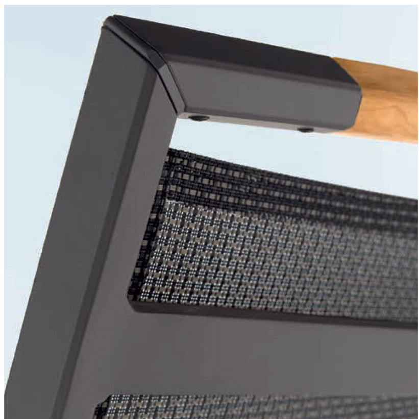 Close-up of aluminum frame and teakwood armrest on the Catena Wheeled Folding Lounge Chair in grey Textilux fabric.