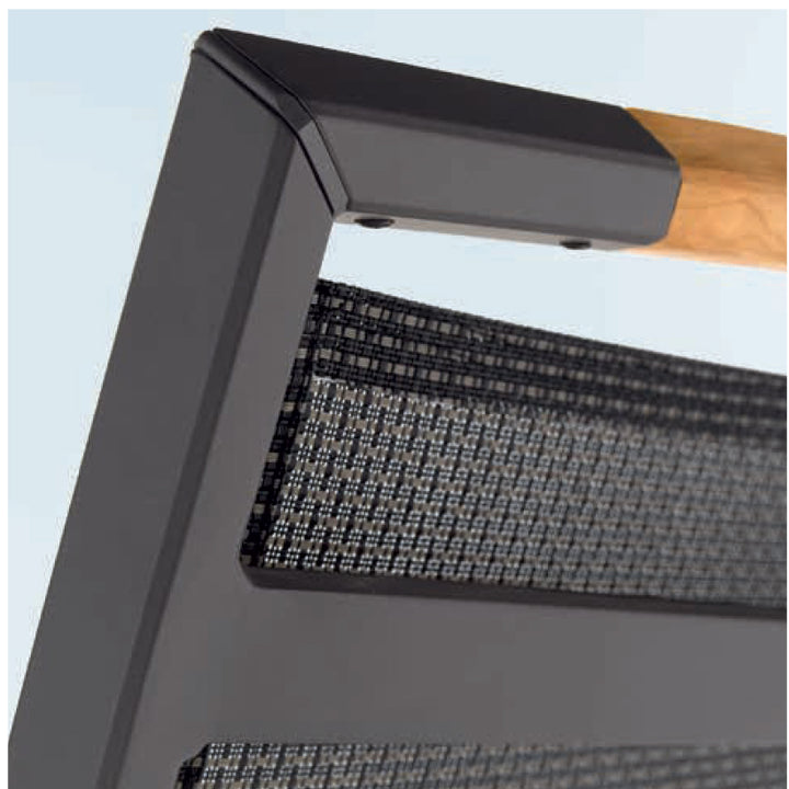 Close-up of aluminum frame and teakwood armrest on the Catena Wheeled Folding Lounge Chair in grey Textilux fabric.