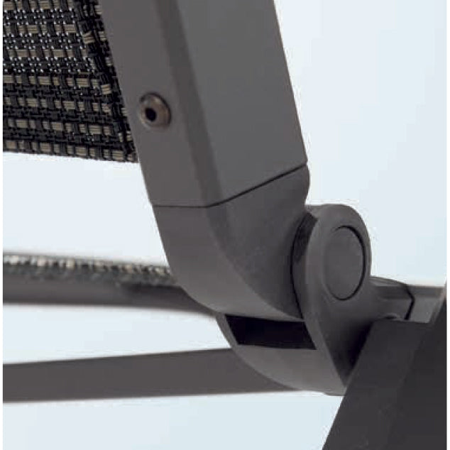 Close-up of wheel detail on the Catena Wheeled Folding Lounge Chair with aluminum frame and Textilux fabric.