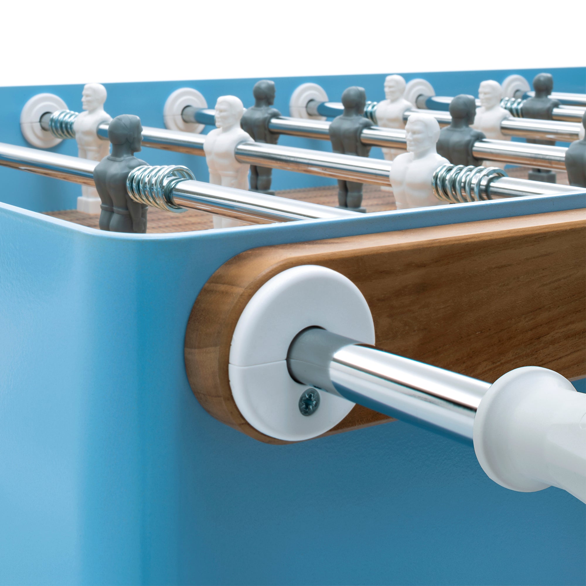 Ciclope blue foosball table rod and housing close up