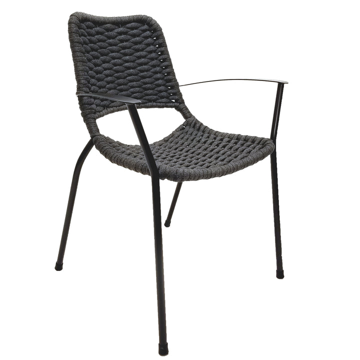 Metro Rope Stackable Arm Chair with gray all-weather rope weave and iron gray frame, curved back, and armrests.