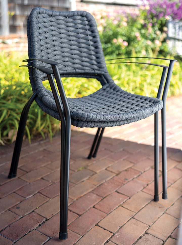 Metro Rope Stackable Arm Chair in gray weather-resistant rope with iron gray frame, featuring curved back and armrests.