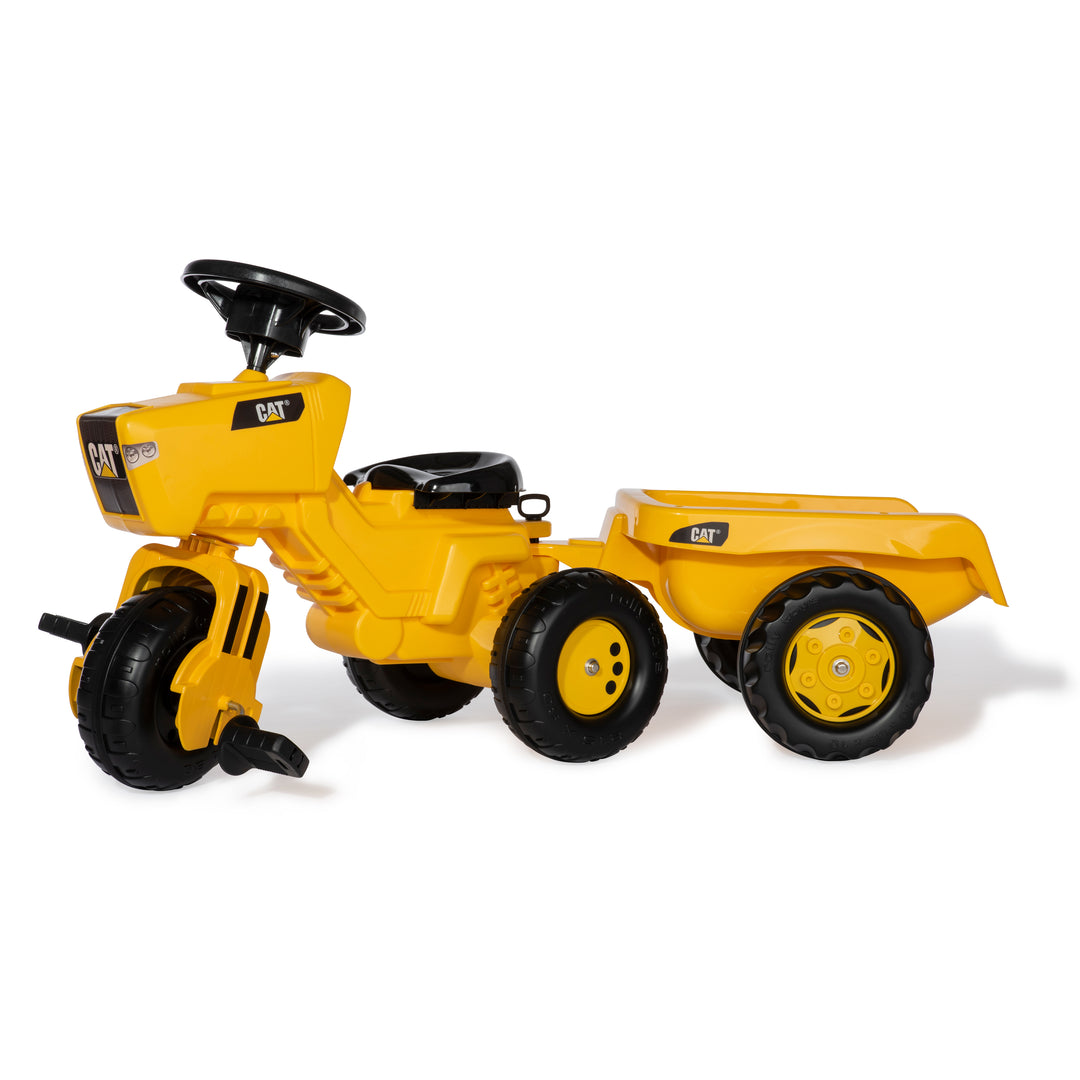 CAT 3-Wheeled Pedal Tractor With Trailer in yellow with electronic horn, oversized tires, and removable hauling trailer.