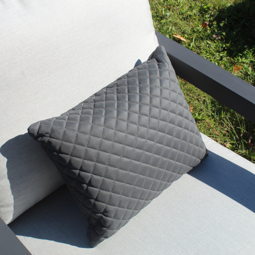 Diamond Pillow in carbon color with textured diamond embroidery, weather-resistant and quick-drying for outdoor use.