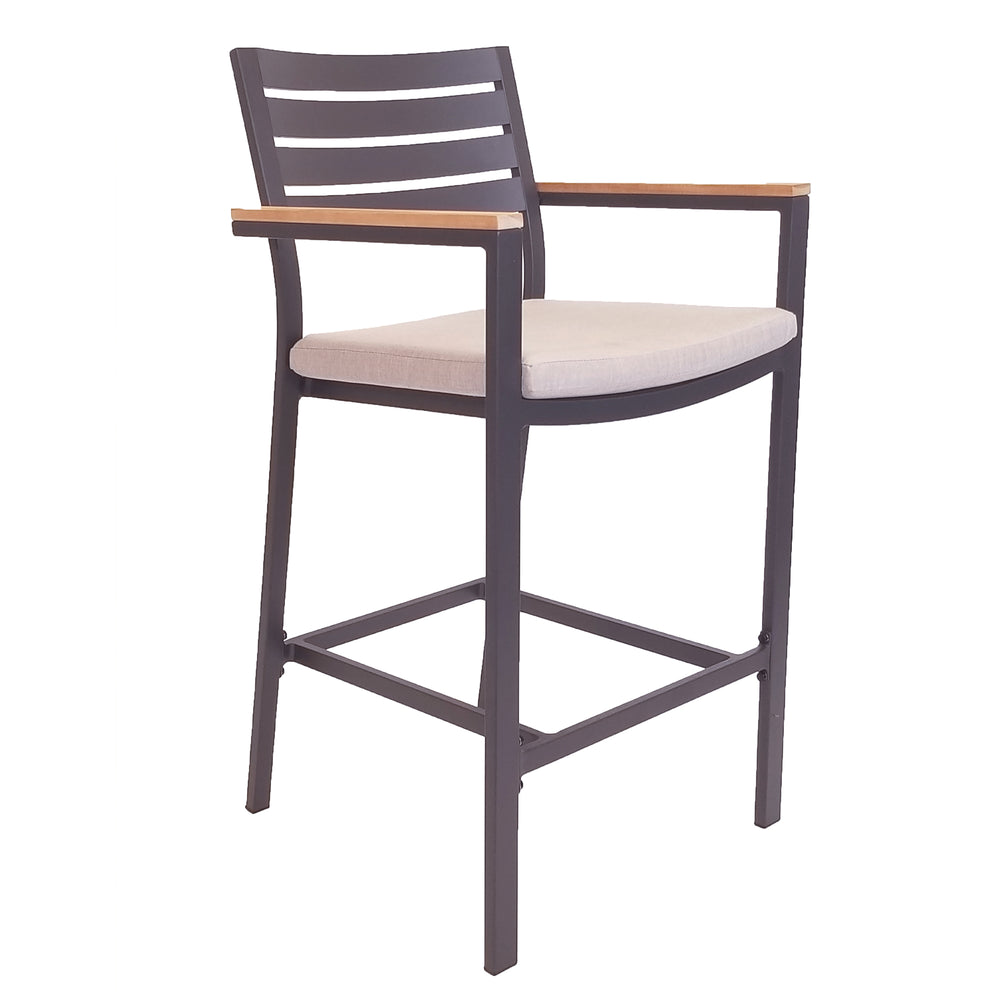Elba 5-Piece Bar Set with Arm Chairs charcoal aluminum frame with teak armrests and cast silver cushion bar chair.