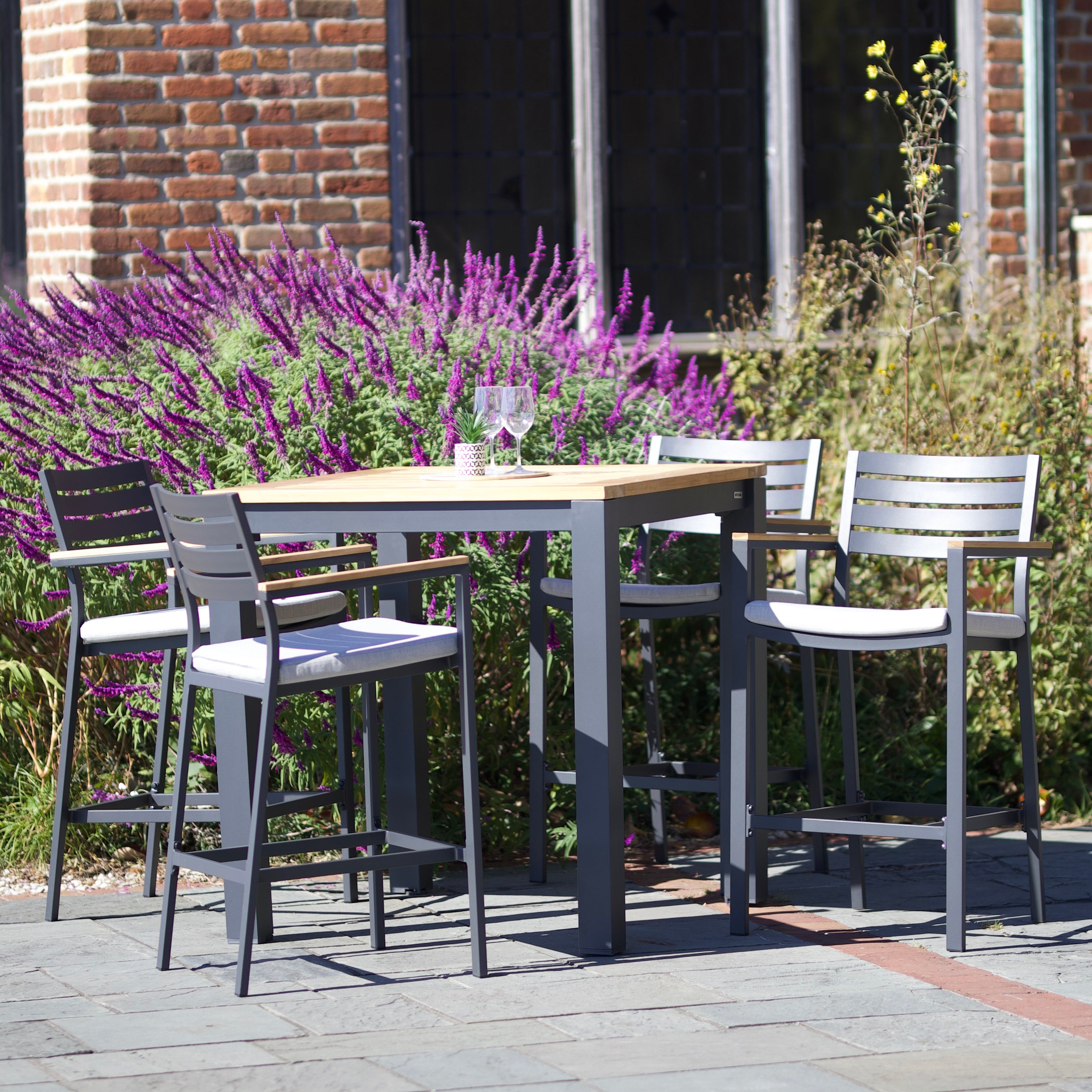 40" X 40" Elba Aluminum Bar Table With Teak Top