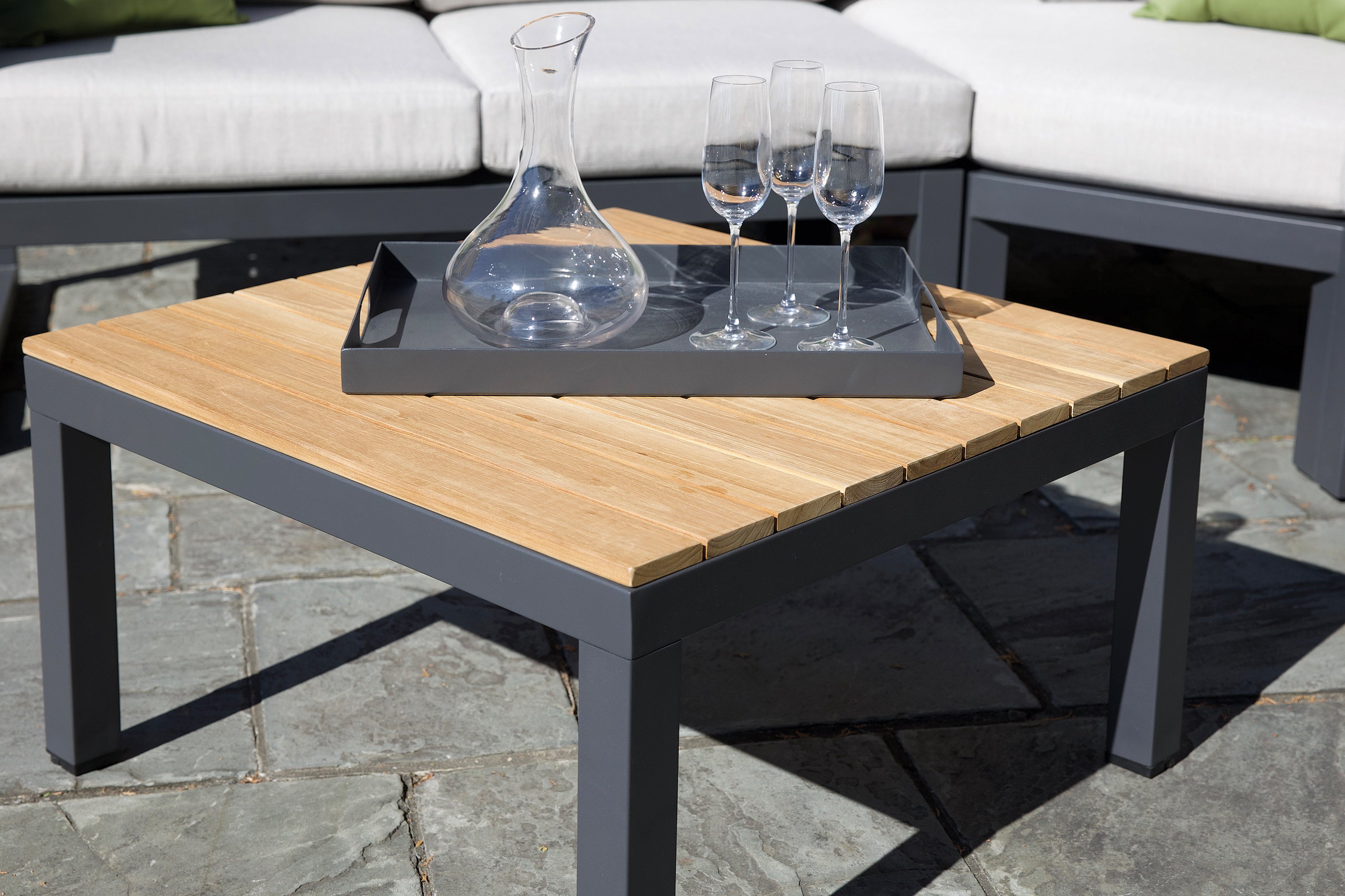 29"x29" Elba Comfort Aluminum Coffee Table With Teak Top lifestyle close up