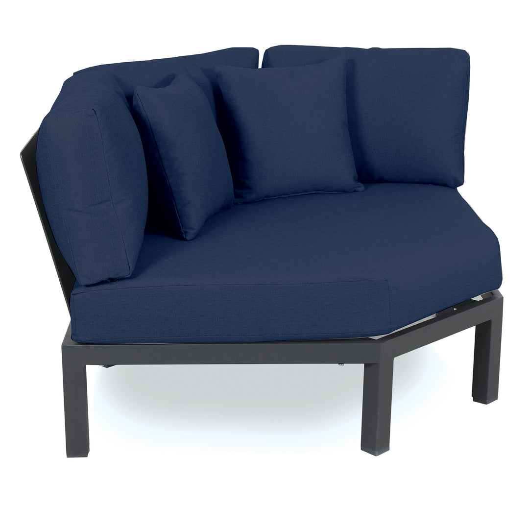 Elba Comfort 45° Corner Chair with charcoal aluminum frame and spectrum indigo Sunbrella cushions for outdoor patios