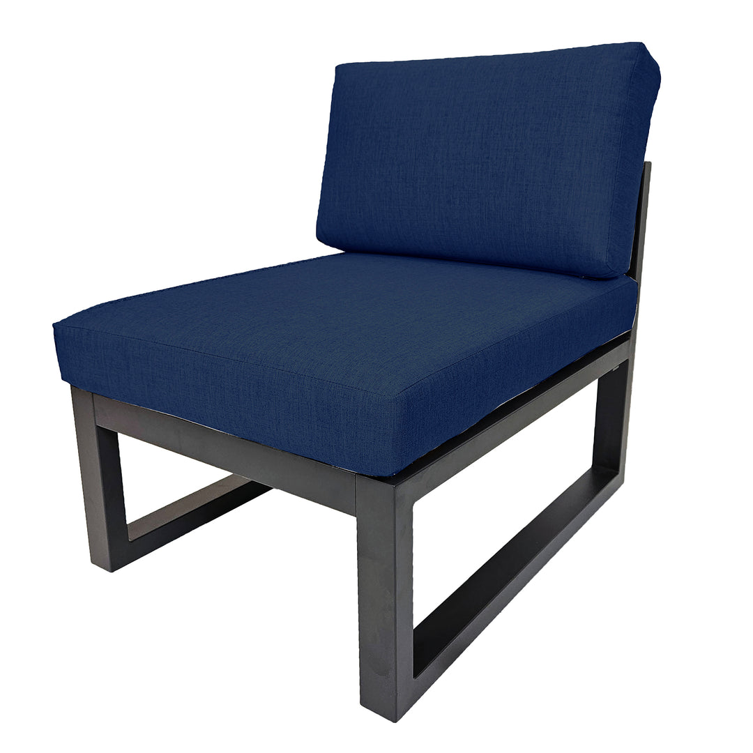 Elba Comfort Armless Chair with charcoal aluminum frame and Spectrum Indigo acrylic cushions for outdoor patio use