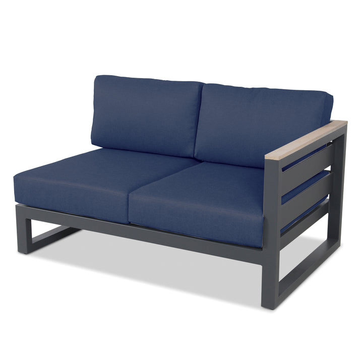 Elba Comfort Corner Right Open Loveseat with Spectrum Indigo cushions on a white background