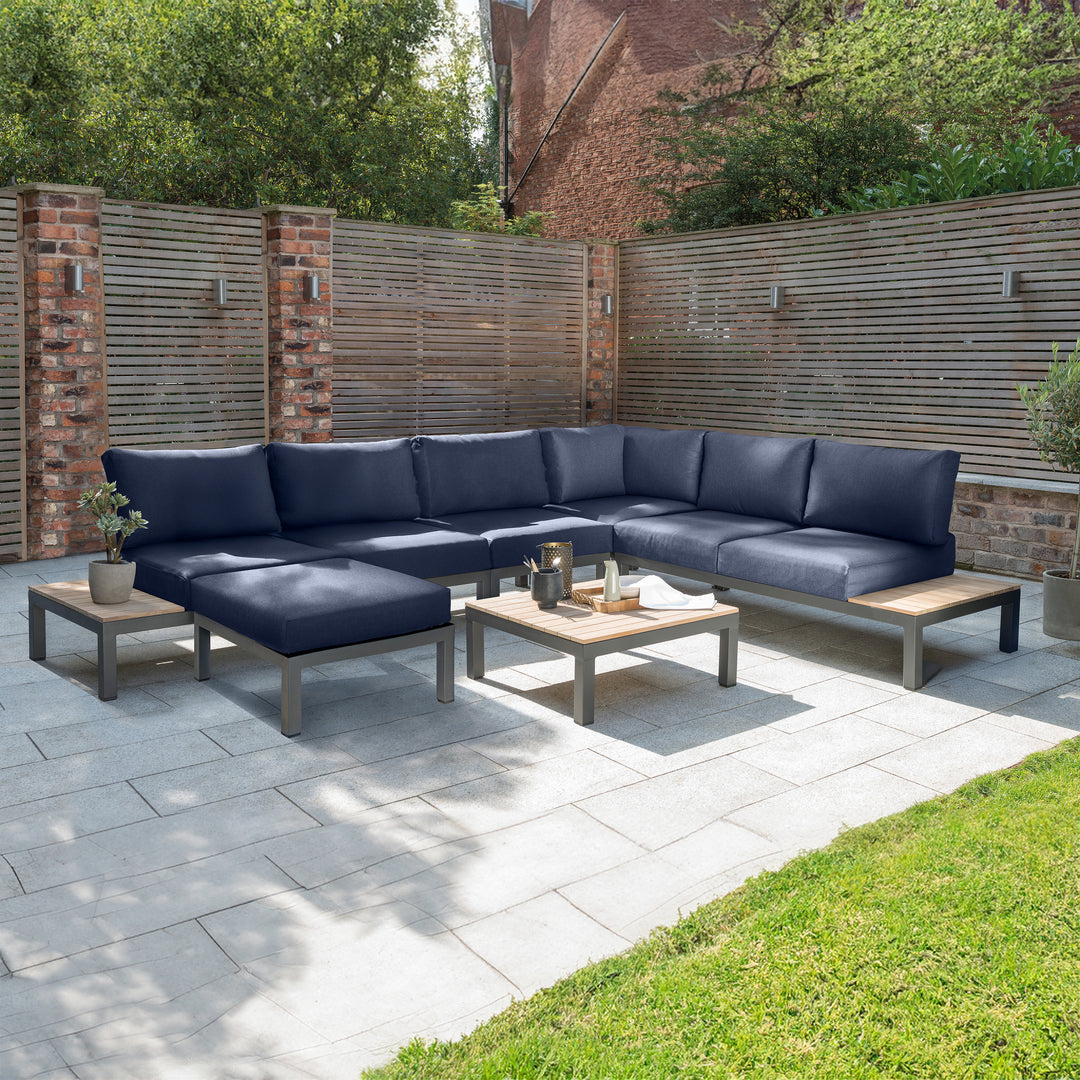 Elba Corner 6-Piece Modular Set in charcoal with teak accents, outdoor sectional seating with Sunbrella cushions.
