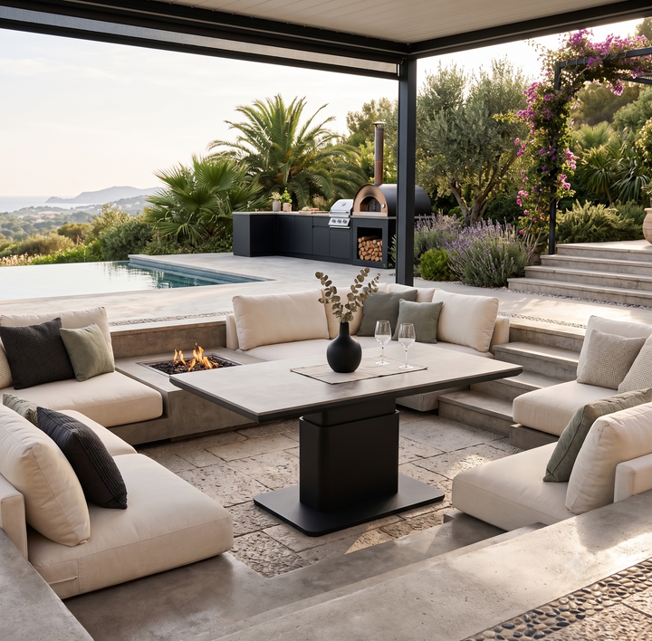Outdoor patio seating area with cream cushions surrounding the modern LUKA Adjustable Height Table topped with a vase and glasses, set near a pool and lush garden.