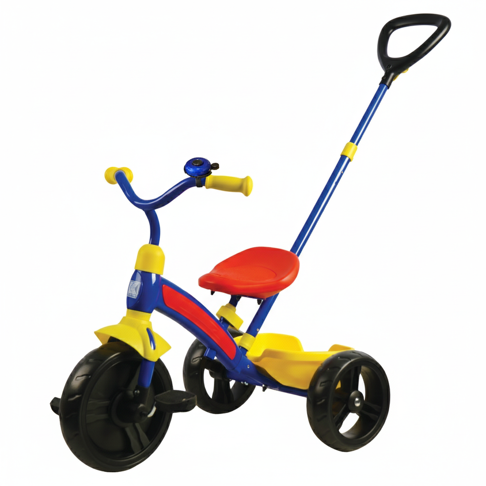 KETTLER Junior Plus Tricycle with Handlebar Bell in blue, red, and yellow with push bar and large rear storage bucket
