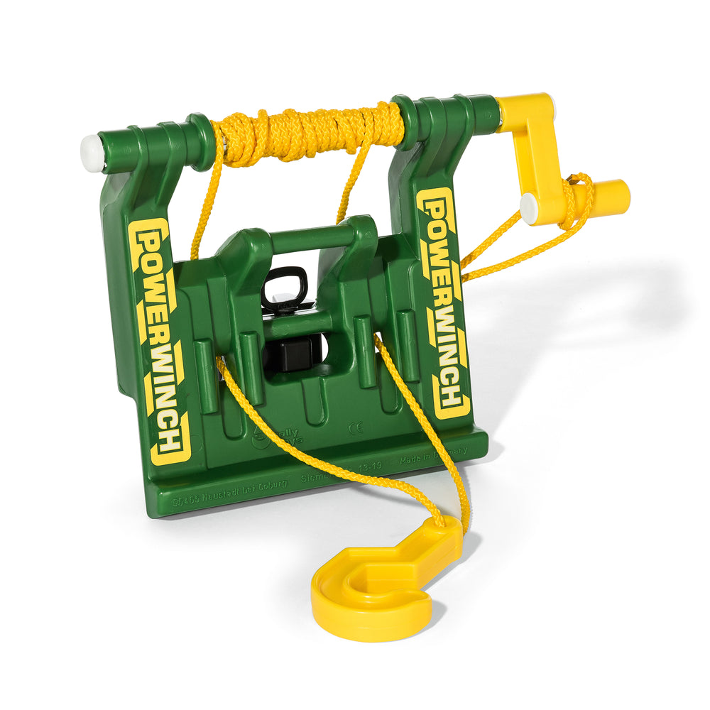 Green and yellow PowerWinch toy on a white background