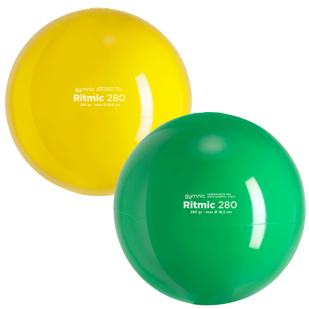 Gymnic Ritmic Balls 280 Grams in yellow and green, lightweight rhythmic gymnastics training balls.