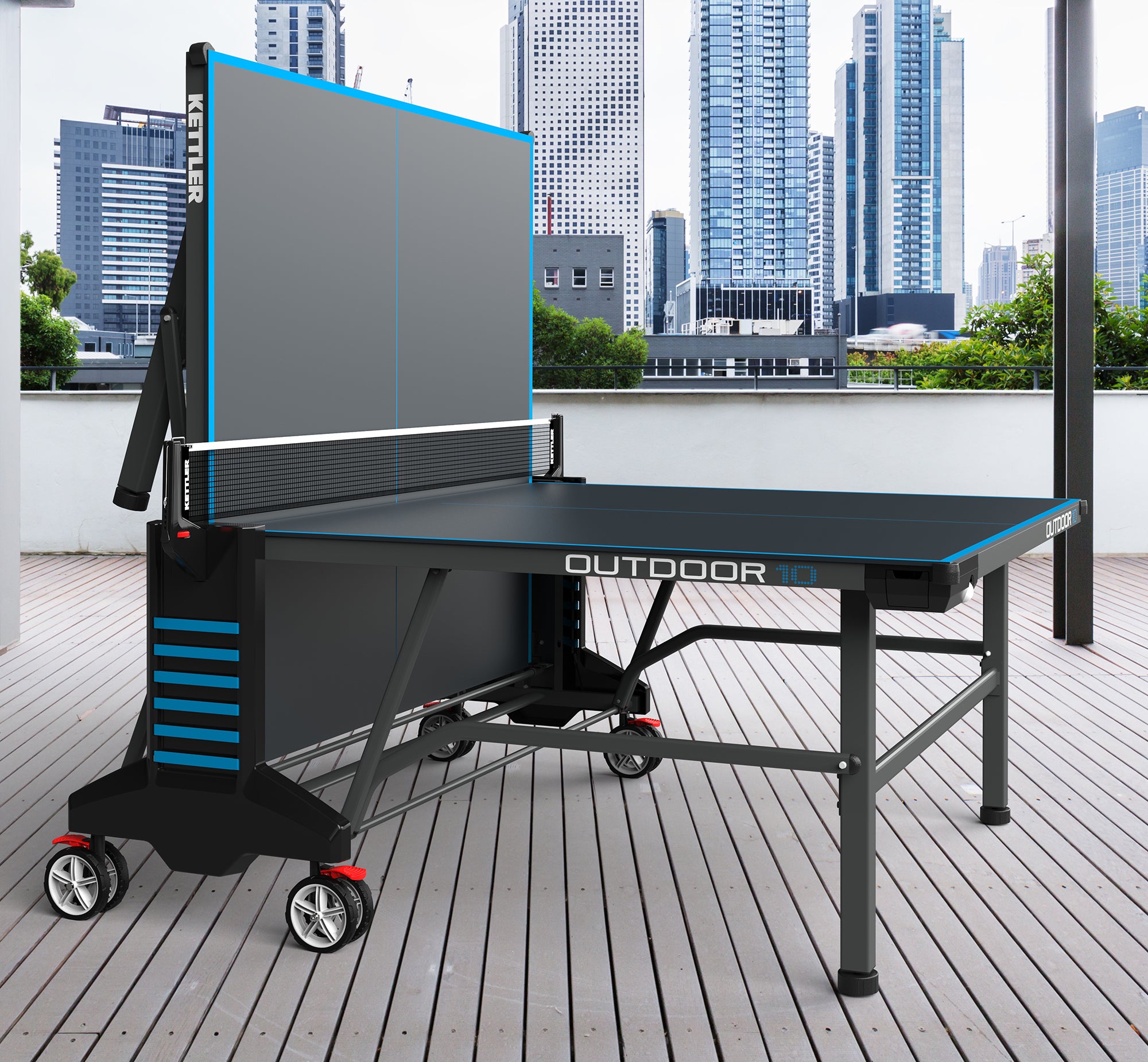 Outdoor 10 Table Tennis Table 4-Player Bundle with weatherproof top, locking mechanism, permanent net, and transport wheels.