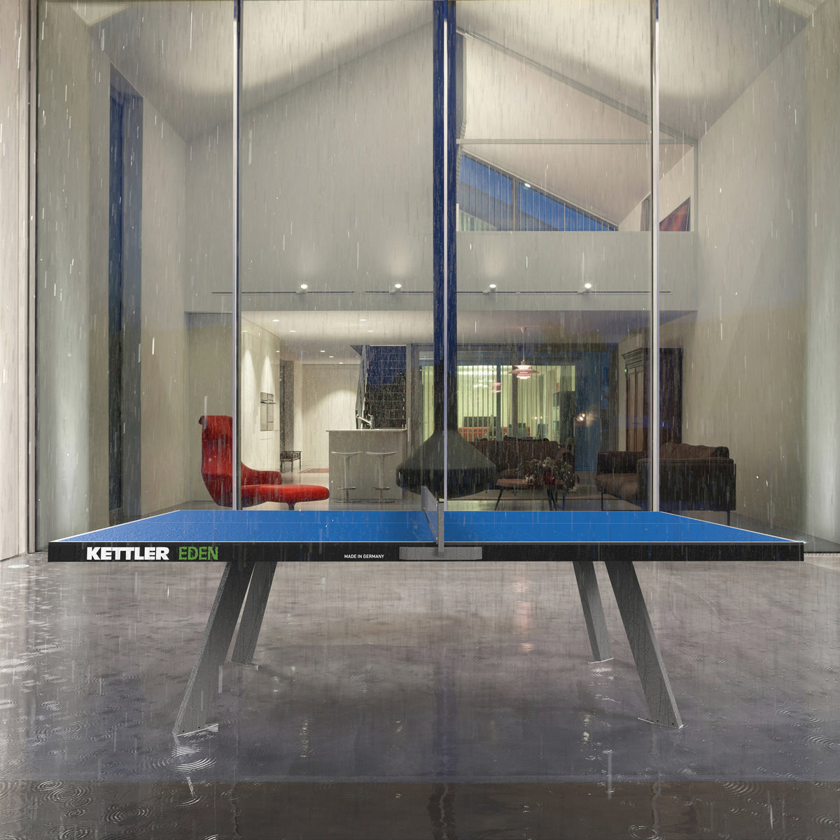 Eden outdoor table tennis table in the rain. Fully stationary and durable for year-round use.  weatherproof.