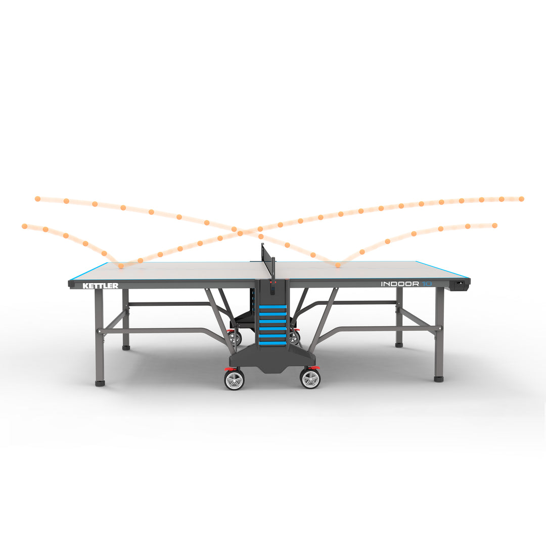 Indoor 10 Table Tennis Table with IN-TEC25 top, foldable design, permanent net, ball dispensers, and large transport wheels.