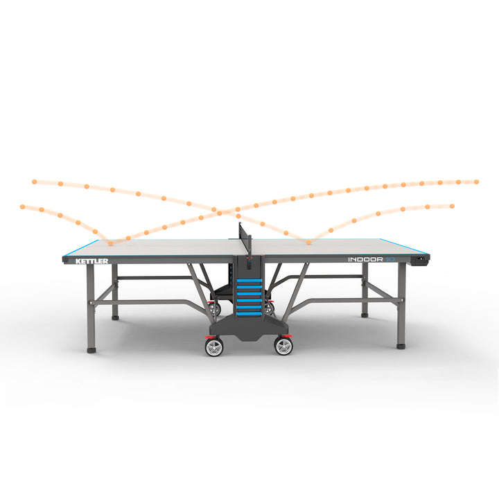 Indoor 10 Table Tennis Table with IN-TEC25 top, foldable design, permanent net, ball dispensers, and large transport wheels.