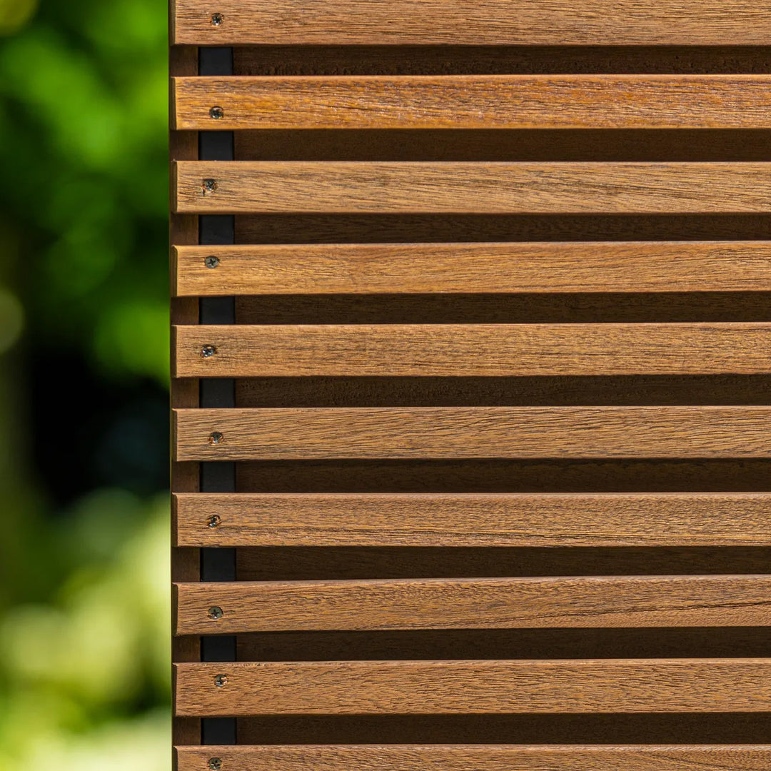 Close-up of wooden slats on the Java Teak Room Divider showing sturdy, durable teak construction and design details.