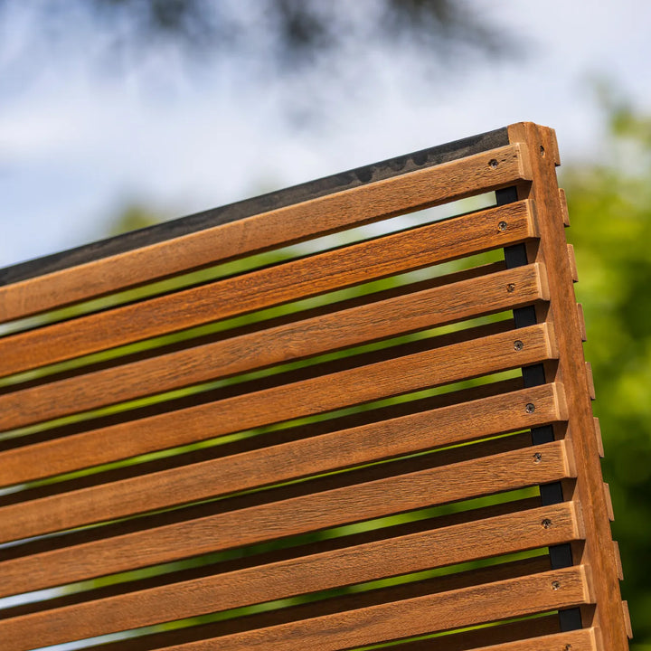 Java Teak Room Divider showcasing durable Indonesian teak slats with sturdy lava frame for indoor and outdoor privacy.