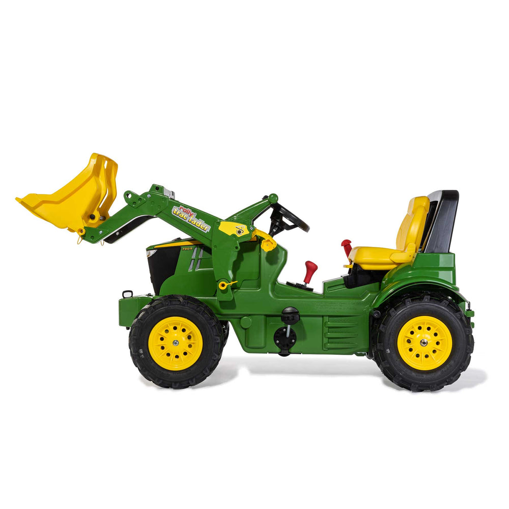 John Deere Farm Tractor with Air Tires pedal tractor for kids featuring adjustable seat and functional front loader.