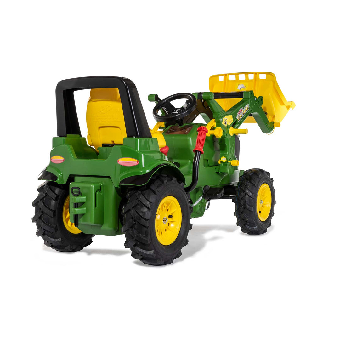 John Deere Farm Tractor with Air Tires kids pedal tractor with loader, adjustable seat, pneumatic tires for ages 3 to 8.