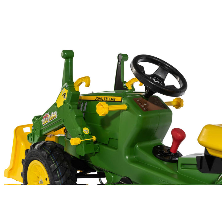 John Deere Farm Tractor with Air Tires pedal tractor for kids with adjustable seat and front loader attachment.