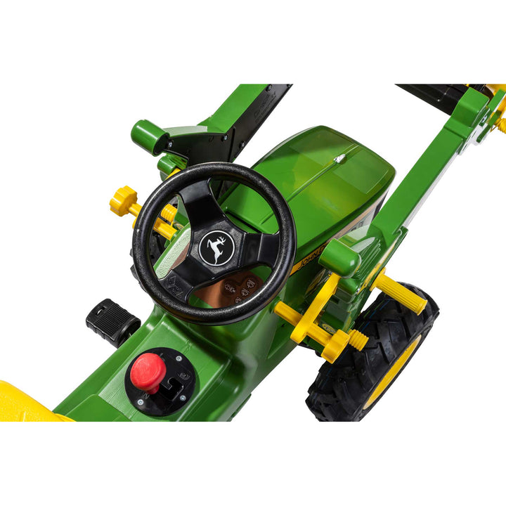 John Deere Farm Tractor with Air Tires showing the steering wheel, green body, and black pneumatic tire detail.