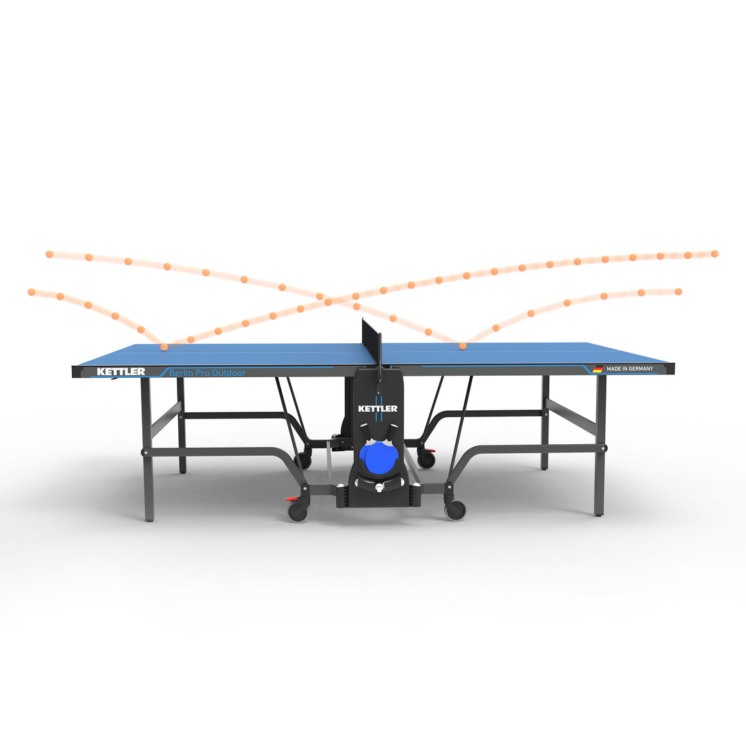 Berlin Pro Outdoor Table Tennis Table 4-Player Bundle with weatherproof top, storage cover, rackets, and balls included.