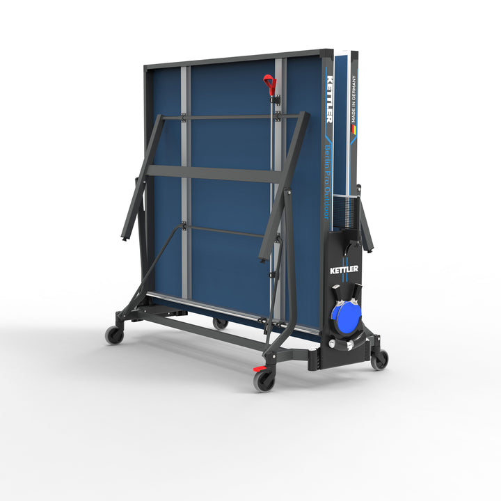 Berlin Pro Outdoor Table Tennis Table 4-Player Bundle folded with wheels and storage cover on white background