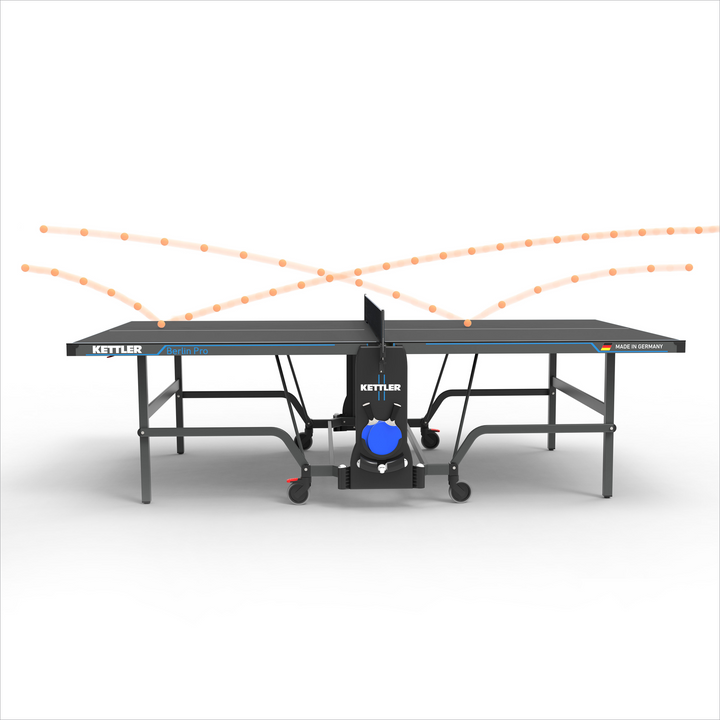 Berlin Pro Indoor Table Tennis Table with IN-TEC22 top, One-Hand lock, permanent net, and large transport wheels.